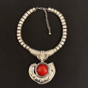 Large Egyptian Style, Silver Toned and Red Faux Cabochon Necklace